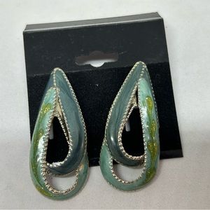 Teal Silvertone Tear Drop Earrings‎ Enameled Leaves